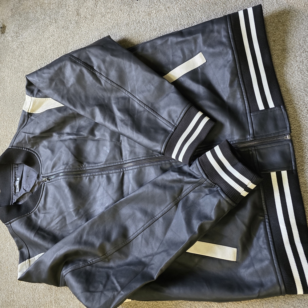 Men's Black Leather Jacket with White Accents